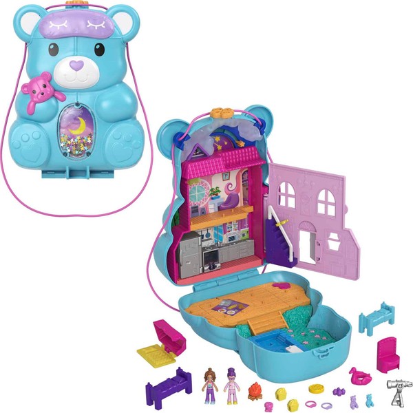 Polly Pocket Teddy Bear Purse Compact, Sleepover Theme with 2 Micro Dolls & 16 Accessories, Pop & Swap Peg Feature, Great Gift for Ages 4 Years Old & Up, HGC39