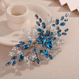 Teyglen Blue Crystal Rhinestone Pearl Hair Comb Bridal Flower Crystal Hair Comb for Bride Wedding Hair Accessories Rhinestone Hair Piece for Women Flower Headpiece(Peacock blue)