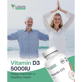 logos nutritionals Vitamin D3 Supplement - Vitamin D-5000 IU - Support Healthy Bones, Teeth, Muscles, Cardiovascular, and Immune Function - Dairy-Free, Soy-Free - 90 Capsules