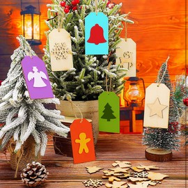 Healifty 50Pcs DIY Square Wooden Tags Hanging Wood Ornaments with 10M Linen Rope for Party Decor 40 x 80MM