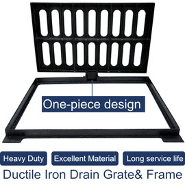 TIANYAMAI Cast Iron Drain Grate and Frame, 20x12 Outdoor Drain Cover with Base, B Class Sewer Grate, Durable Heavy Duty Channel Grate, Black Rectangle Drainage Grate for Driveway, Concrete