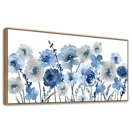 Framed Flowers Canvas Wall Art - Indigo Floral Canvas Pictures Living Room Wall Decor Botanical Canvas Prints Painting Abstract Artwork Bedroom Office Home Decor 20"x 40"