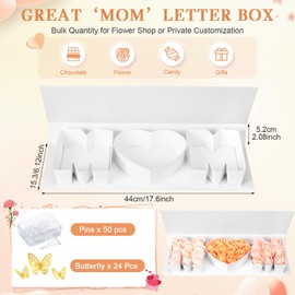 Cholemy Mother's Day MOM Empty Flower Gift Box Letter Shaped Fillable MOM Gift Box with Plastic Liners 24 Gold Butterfly Decor 50 Bouquet Flower Pins DIY Craft Gift Set for Valentine Birthday (White)