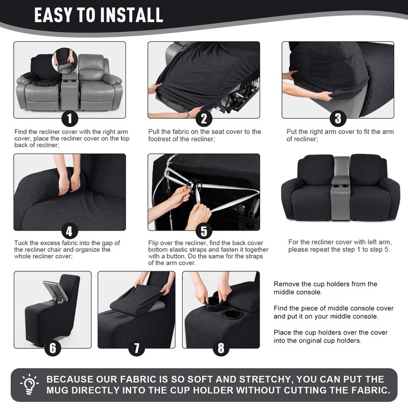 KinCam Loveseat Recliner Covers with Middle Console Slipcover, Recliner Sofa