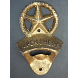 Tucson Tools Western Cast Iron Beer Soda Bar Bottle Opener Texas Star Gold With Screws NEW