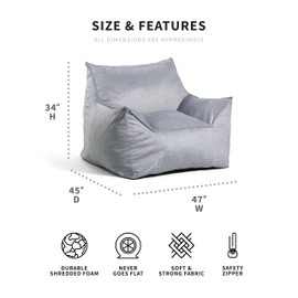 Big Joe Imperial Lounger Foam Filled Bean Bag Armchair with Removable Cover, Gray Plush, Soft Polyester, 4 feet Big