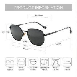 ZENOTTIC Hexagon Polarized Retro Sunglasses for Men Women-Vintage Metal Frame Design UV Protection Trendy Fashion Shades, C05 Black Frame Grey Lens, Medium