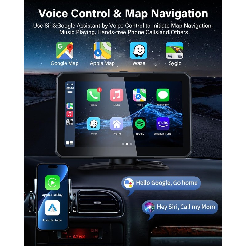 AX2V 7" HD Apple Carplay Screen for Car，2-in-1 Wireless CarPlay