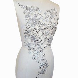 Noble Pure Handmade Beaded Crystal Patches Sew on Rhinestones with Stones Sequins Beads Applique Designs Patches Sewing for DIY Wedding Dress Trim 30x60cm (Silver Color)