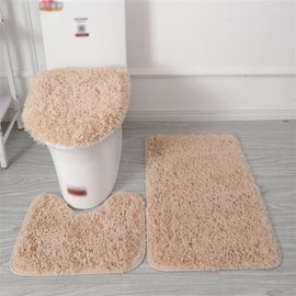 Lifup Bath Mat Set, 3-Piece Non-Slip Shaggy Bath Mat, Fluffy Contour Bath Mat, Long Pile Toilet Seat Cover, Khaki 1