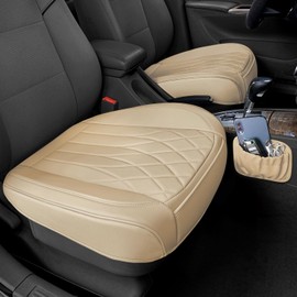 2 Pack Leather Front Car Seat Cover Bottom Car Seat, Universal Anti-Slip Driver Car Seat Protectors with Storage Pocket, Waterproof Bottom Auto Seat Cushion Pad Mat for Most Vehicles(Yellow Beige)