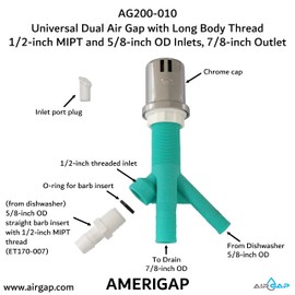 Universal Dual Air Gap with Long Body Thread with 1/2-inch MIPT and 5/8-inch OD Inlets and 7/8-inch OD Outlet (AG200-010 AMERIGAP)