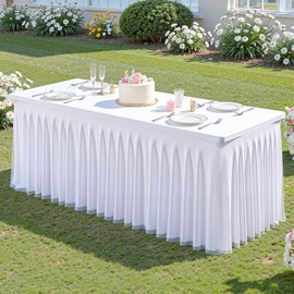 White Tablecloths 4 Foot Rectangle Tables, Spandex Tulle Tablecloth Stretch Fitted Tablecover with Ruffle Tutu Table Skirt for Baby Shower Birthday Party Wedding Banquet Dessert Table Decorations