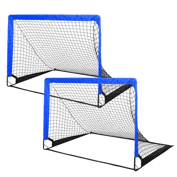 Simple Deluxe 4‘x3’ Portable Soccer Goal, Pop Up Folding Soccer Net Comes with 2 Oxford Cloth Bags and 8 Stakes, Great for Training for Backyard, 2 Set, Blue & Black
