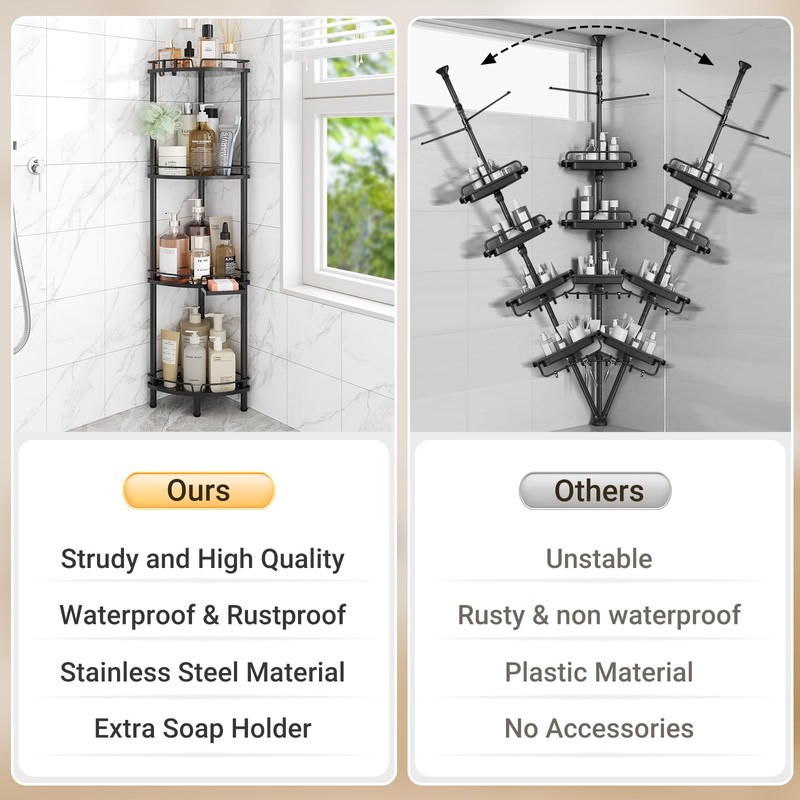 ELYKEN Corner Shower Caddy Standing, 4 Tier Rustproof Metal Shower