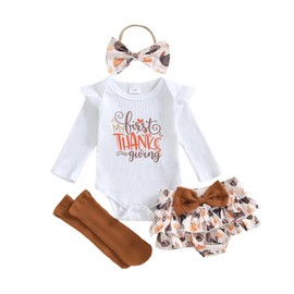 Baby Girl Thanksgiving Outfit Ribbed Letters Long Sleeves Romper Turkey Print Shorts My First Thanksgiving Outfit 4Pcs (B-White,9-12 Months)
