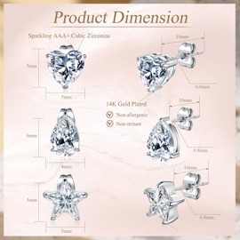 VOLUKA Stainless Steel Stud Earrings - Cubic Zirconia Stud Earrings Set,316L Surgical Steel Hypoallergenic for Sensitive Ears, Heart/Drop/Star Stud for Women Men