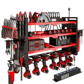 Tool Organizer Wall Mount with óPower Strip,Cordless Tool shelf 6 Drill Holder4 Layers Storage Rack for Garage, EffortlessAssembly - Color: Black