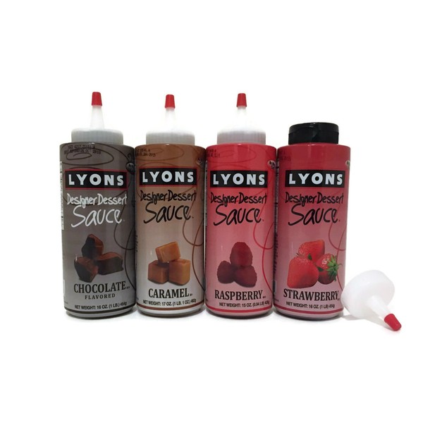 Lyons Designer Dessert Sauces Bundle (Chocolate, Caramel, Raspberry, and Strawberry) with Designer Tips
