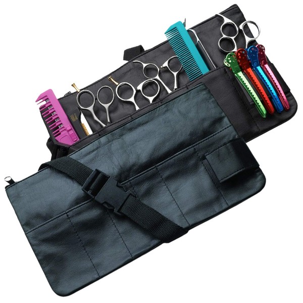 Full Grain Genuine Leather Shear Cases and Bags. (Zipper Closure Bag hold up to 6 Shears, Black)