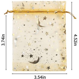 LOAVER 100PCS Organza Drawstring Gift Bags,4.7x3.54 Inch Gold Star Moon Jewelry Sheer Pouch for Wedding Party Favor Supply