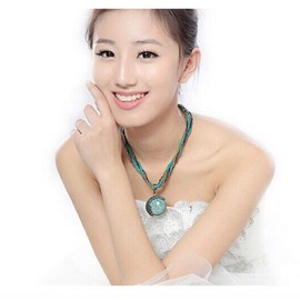 Harlorki Women Lady Handmade Retro Vintage Bohemian Style Twist Woven Rope Chain Turquoise Rhinestone Pendant Collar Necklace Fashion Jewelry