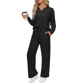 REORIA Women V Neck Activewear Loose Lounge Wear Set Solid Color Tracksuit Co Ord Sets Two Piece Outfit Black M