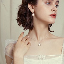 Clearine Women's 925 Sterling Silver Delicate Elegant CZ Cream Freshwater Cultured Pearl, Spiral Infinity Pendant Necklace and Hook Earrings Jewellery Set, Cubic Zirconia