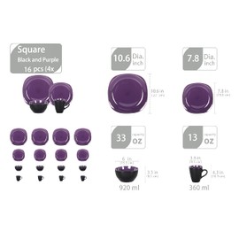 HomeVss, Stoneware Square 16pc Dinnerware Set, Inside Shiny Purple and Outside Matte Black