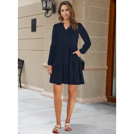 QACOHU 2024 Women's Spring Autumn V-Neck Shift Dress Fashion Casual Fit Flowy Tiered Shift Fall Dresses Blue XXL