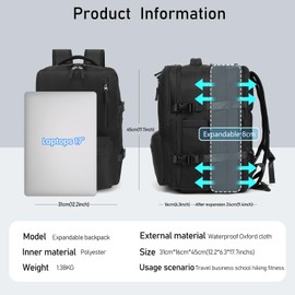 RaoRanDang Large Travel Backpack for Women Men Carry On Backpack Waterproof Durable Expandable Laptop Backpack with Shoe Compartment and USB Port Airline Approved Luggage Backpack