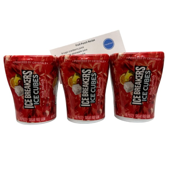 Ice Breakers - Cubos de hielo sin azúcar, ponche de frutas, botellas de 40 unidades, 3 unidades con tarjeta de recetas de marca ThisNThat