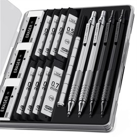 Four Candies 4PCS Metal Mechanical Pencils Set with Case, 0.5mm & 0.7 mm Artist Pencil with 8 Tubes (480PCS) HB Lead Refills, 3 Erasers,9 Eraser Refills For Writing Drafting, Drawing, Black&Silver