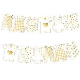 2pcs Neutral Gold Baby Shower Paper Garland, Pre-Assembled Baby Boy Banner Baby Girl Sign Gender Reveal Decorations Various Baby Clothes Banner for Welcome Newborn Party Supplies Photo Props