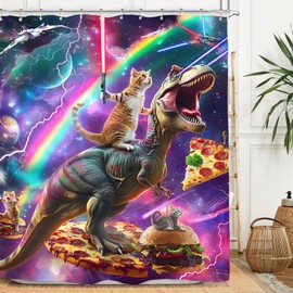Miyotaa Funny Cat Dinosaur Shower Curtain Set 60Wx71H Inches Hilarious Galaxy Universe Cool Boys Kids Anime Outer Space Waterproof Bathroom Curtain with 12 Hooks