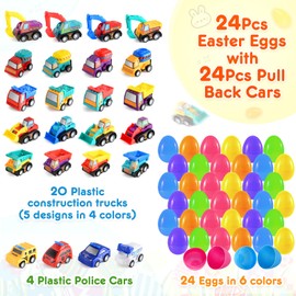 Ellinjan Prefilled Easter Eggs with Cars Toys Inside, 24 Pack Easter Eggs with Construction Vehicles for Easter Egg Hunt, Easter Basket Stuffers Filler,Classroom Prize,Party Favor for Kids Boys Girls