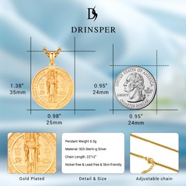 DRINSPER St Benedict Medals Medalla de San Benito,San Benito Medalla,St Benedict Necklace Patron Saint Medal Pendant Amulet Religious Jewelry 925 Sterling Silver Pendant Gifts for Men Women