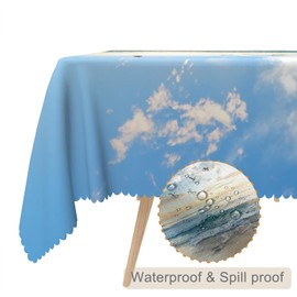 TTQYFNM 60x84inches Tropical Ocean Beach Tablecloth Blue Sky White Cloud Sea Waves Nature Scenic Table Cloth Waterproof and Stain Resistant Table Cover for Dining Room Kitchen Themed Party Decor