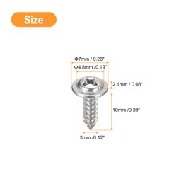 sourcing map ST3x10mm Phillips Pan Head Self-tapping Screw with Washer, 100pcs - 304 Stainless Steel Wood Screw Full Thread (Silver)