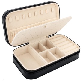 DesignSter Travel Jewelry Box, PU Leather Portable Jewelry Case, Small Jewelry Boxes for Gifts, Travel Jewelry Organizer for Women Rings Earrings Necklaces Bracelets (Black)