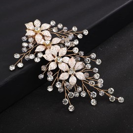 Teyglen Flower Bridal Hair Clips Wedding Crystal Flower Hairpins Handmade Gold Silver Rhinestone Hair Barrette Vinatge Headpieces Hair Accessories for Bride Women Girl (Gold)