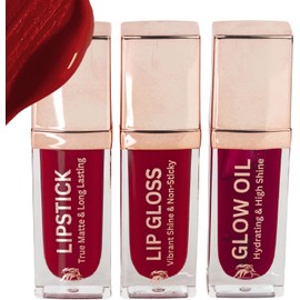 Trío de labios: lápiz labial mate de larga duración que no se mancha, brillo de labios vibrante y aceite hidratante para labios; aceite de jojoba + vitamina E; regalo navideño; set de cuidado y
