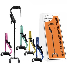 VIVA CARE Walking Cane with 4 Prongs and Extra Side Handle – Adjustable, for Balance & Stability for Adults, Seniors, and Injured. [Gold]