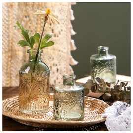 WILDMOS Glass Bud Vase Set of 3, Small Flower Vases for Decorative, Gradient Glass and Embossed Style Mini Glass Bottles for Home Decor, Vintage Glass Bottles for Centerpiece 3.3"-5.2''H(Green)