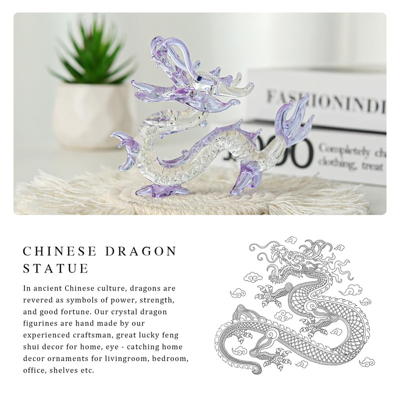 LONGWIN Crystal Dragon Statue Hand Blown Glass Dragon Figurines Chinese