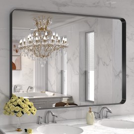 LOAAO 48X30 Inch Black Metal Framed Bathroom Mirror for Wall, Matte Black Bathroom Vanity Mirror Farmhouse, Large Rounded Rectangle Mirror, Anti-Rust, Tempered Glass, Hangs Horizontally or Vertically