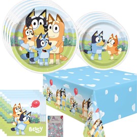 Bluey - Decoraciones de cumpleaños - Suministros de fiesta de cumpleaños Bluey para tu fiesta Bluey con mantel Bluey y platos y servilletas Bluey para 8 invitados