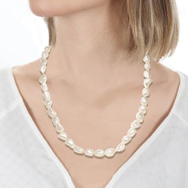 Mother-of-Pearl (Shell) Organic Nugget Shaped Beaded Necklace with Gold-toned Lobster Clasp, 16" + 2" extender for Men, Women, Teens, Trending Fashion Jewelry