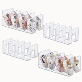 UFORU Clear Acrylic Kids Shoe Rack for Closet Organizers and Storage | 4 Pack Small Shoe Rack 4 Sections Toddler Baby Shoe Storage Organizer Stackable Shoe Shelf, Desk File Sorter Book Purse Organizer