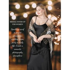 AUZURE Women's 1920s Sequin Peacock Shawls Wraps Bridal Flapper Evening Scarf for Dresses Formal Party Wedding Harlem Night, Black & Gold, 78" x 23"